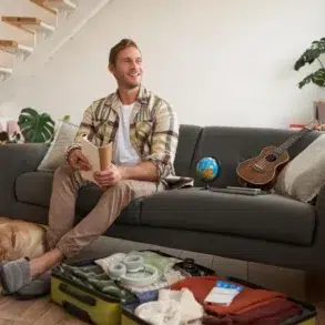 A man sits on a grey sofa with a travel book, looking happy. An open suitcase, globe, and ukulele are nearby. A dog rests on the floor. The room is bright and cozy, with houseplants and a small staircase in the background.
