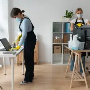 Two people are cleaning an office, wearing masks and gloves for safety. They are tidying desks with cleaning supplies, conveying a diligent, professional tone.