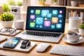 Laptop displaying colorful app icons, on a desk with a smartphone, smartwatch, keyboard, mouse, and coffee. Green plants add a fresh touch.