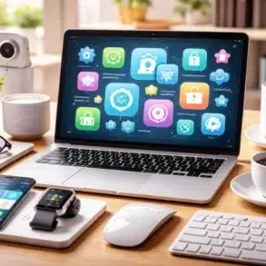 Laptop displaying colorful app icons, on a desk with a smartphone, smartwatch, keyboard, mouse, and coffee. Green plants add a fresh touch.