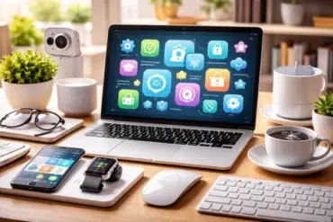 Laptop displaying colorful app icons, on a desk with a smartphone, smartwatch, keyboard, mouse, and coffee. Green plants add a fresh touch.