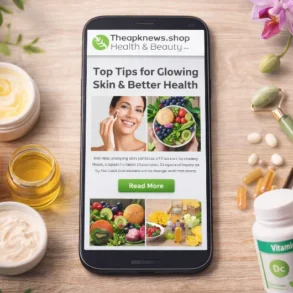 A smartphone displays a health and beauty website with glowing skin tips. Surrounding items include creams, citrus, supplements, and pink orchids.