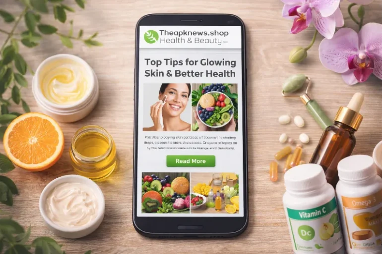 A smartphone displays a health and beauty website with glowing skin tips. Surrounding items include creams, citrus, supplements, and pink orchids.