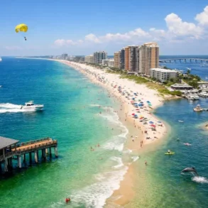 Things To Do In Orange Beach Alabama beach sunset view with dolphins and white sand shoreline