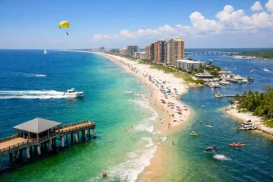 Things To Do In Orange Beach Alabama beach sunset view with dolphins and white sand shoreline