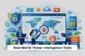 Illustration of people analyzing global cyber threats, featuring a world map, magnifying glass, and security icons. Emphasizes vigilance, teamwork.