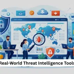 Illustration of people analyzing global cyber threats, featuring a world map, magnifying glass, and security icons. Emphasizes vigilance, teamwork.