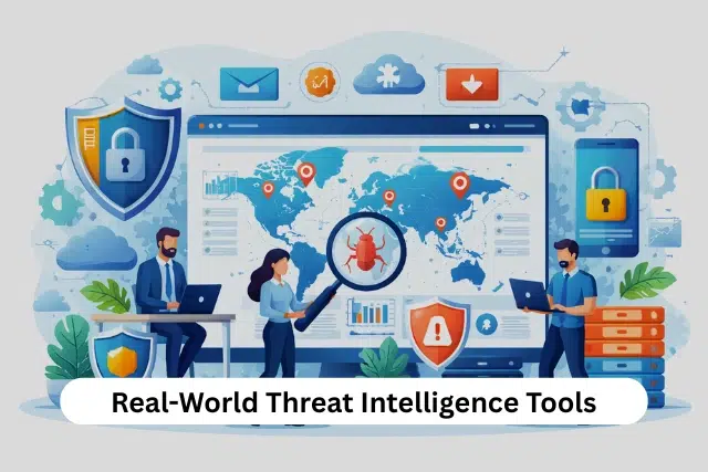 Illustration of people analyzing global cyber threats, featuring a world map, magnifying glass, and security icons. Emphasizes vigilance, teamwork.