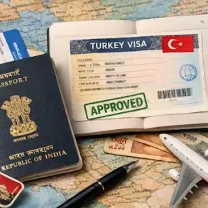 A map with an Indian passport, a Turkish keychain, a flight ticket, currency, and an open passport displaying an approved Turkey visa, alongside a toy airplane.