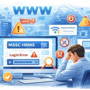 A frustrated man sits at a desk staring at a computer screen showing "Login Error" and alert icons. Surrounding him are symbols of security issues, like locks and warnings, conveying a sense of digital overwhelm.