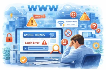 A frustrated man sits at a desk staring at a computer screen showing "Login Error" and alert icons. Surrounding him are symbols of security issues, like locks and warnings, conveying a sense of digital overwhelm.