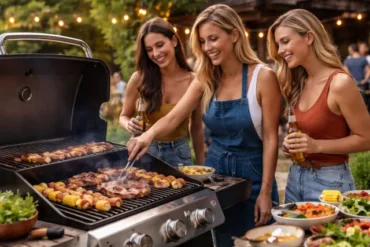 Weber Grillvorführung live BBQ demonstration with grill master cooking steaks outdoors