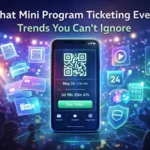 A smartphone displays a QR code for event tickets, surrounded by digital icons like tickets, graphs, and social media. The text reads 'WeChat Mini Program Ticketing Events: Trends You Can't Ignore.' The vibrant background evokes a lively concert atmosphere.