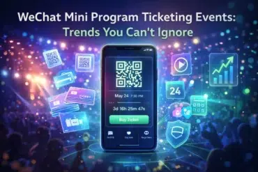 A smartphone displays a QR code for event tickets, surrounded by digital icons like tickets, graphs, and social media. The text reads 'WeChat Mini Program Ticketing Events: Trends You Can't Ignore.' The vibrant background evokes a lively concert atmosphere.