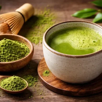 “What Does Matcha Taste Like” showing a frothy cup of bright green matcha tea with matcha powder, a bamboo whisk, and fresh tea leaves on a wooden table.