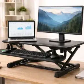 What is a Riser Desk showing a desk converter raising a monitor and keyboard for standing work