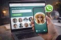 A hand holds a smartphone displaying a smiling woman in a sunhat and sunglasses on a green background. In the background, a laptop displays a webpage titled "WhatsApp DP Viewer Online" with profile photos. A magnifying glass and a WhatsApp logo are also visible.