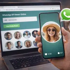 A hand holds a smartphone displaying a smiling woman in a sunhat and sunglasses on a green background. In the background, a laptop displays a webpage titled "WhatsApp DP Viewer Online" with profile photos. A magnifying glass and a WhatsApp logo are also visible.