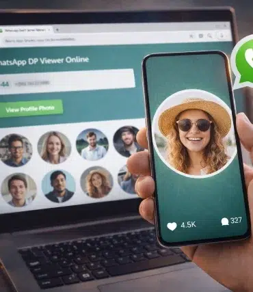 A hand holds a smartphone displaying a smiling woman in a sunhat and sunglasses on a green background. In the background, a laptop displays a webpage titled "WhatsApp DP Viewer Online" with profile photos. A magnifying glass and a WhatsApp logo are also visible.