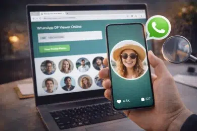 A hand holds a smartphone displaying a smiling woman in a sunhat and sunglasses on a green background. In the background, a laptop displays a webpage titled "WhatsApp DP Viewer Online" with profile photos. A magnifying glass and a WhatsApp logo are also visible.