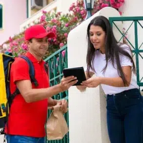 A delivery person in a red uniform holds a package while a woman signs on a tablet outside a house with colorful walls and flowers, conveying a friendly transaction.
