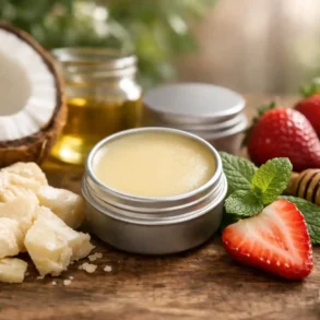 Close-up photo of Vilvah Lip Balm in an open tin on a rustic wooden surface, surrounded by natural moisturizing ingredients like coconut, shea butter, golden oil, honey, fresh strawberries, mint leaves, almonds, and small white flowers in warm natural light.