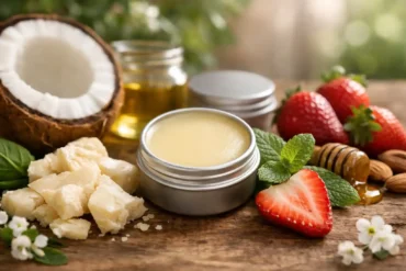 Close-up photo of Vilvah Lip Balm in an open tin on a rustic wooden surface, surrounded by natural moisturizing ingredients like coconut, shea butter, golden oil, honey, fresh strawberries, mint leaves, almonds, and small white flowers in warm natural light.