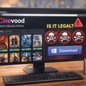 Computer screen showing movie streaming site "Cinevood" with a download button. Warning icons and text ask "Is it legal?" suggest potential piracy.