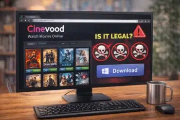 Computer screen showing movie streaming site "Cinevood" with a download button. Warning icons and text ask "Is it legal?" suggest potential piracy.