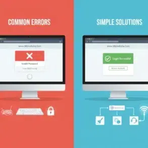 Two computer screens side by side. Left screen shows "Invalid Password" error on a red background labeled "Common Errors" with tangled wire, keyboard, and lock icons. Right screen shows "Login Successful" on a blue background labeled "Simple Solutions" with organized tech icons.