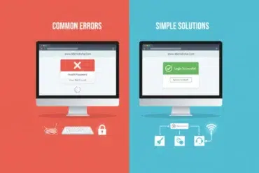Two computer screens side by side. Left screen shows "Invalid Password" error on a red background labeled "Common Errors" with tangled wire, keyboard, and lock icons. Right screen shows "Login Successful" on a blue background labeled "Simple Solutions" with organized tech icons.