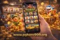A smartphone displays a colorful slot game with symbols like sevens and cherries. Surrounding it are cartoonish leprechaun and shark characters amidst piles of coins and poker chips. The website text "www.pghero999.org" is shown in bold. The scene conveys excitement and casino fun.