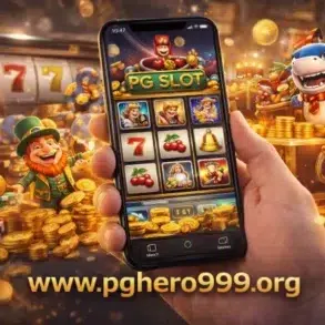 A smartphone displays a colorful slot game with symbols like sevens and cherries. Surrounding it are cartoonish leprechaun and shark characters amidst piles of coins and poker chips. The website text "www.pghero999.org" is shown in bold. The scene conveys excitement and casino fun.