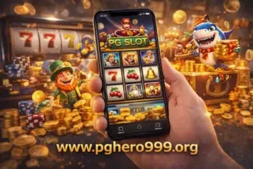 A smartphone displays a colorful slot game with symbols like sevens and cherries. Surrounding it are cartoonish leprechaun and shark characters amidst piles of coins and poker chips. The website text "www.pghero999.org" is shown in bold. The scene conveys excitement and casino fun.