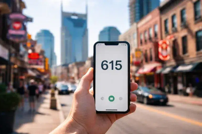 615 Area Code map showing Nashville and nearby areas covered in Middle Tennessee