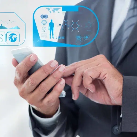 A businessman in a suit interacts with a smartphone displaying holographic data related to science and health.