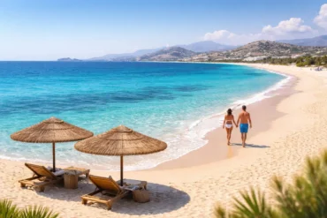 Agios Prokopios Beach Naxos golden sand crystal clear water scenic view