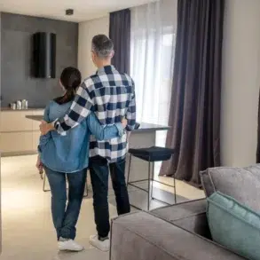 A couple stands arm in arm in a modern living room, gazing towards a kitchen with sleek cabinets. The atmosphere is cozy and intimate.