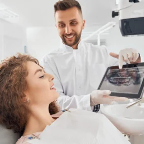 A dentist shows a smiling patient an X-ray on a tablet in a bright dental office. The atmosphere is professional and reassuring.