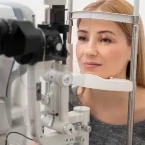 A patient undergoing an eye examination at an optical clinic, positioned in front of a slit lamp machine.