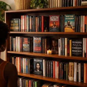Blackness Library bookshelf featuring Black history, culture, and literature