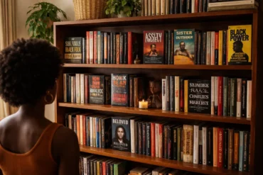 Blackness Library bookshelf featuring Black history, culture, and literature