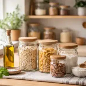 Bottles of Glass arranged in an organized kitchen pantry and refrigerator for dry goods, leftovers, and meal prep storage