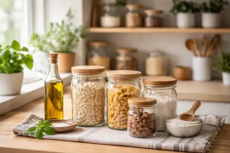 Bottles of Glass arranged in an organized kitchen pantry and refrigerator for dry goods, leftovers, and meal prep storage