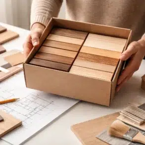 Boxed wood used in modern home projects for shelves, storage, beam wraps, and custom built in features