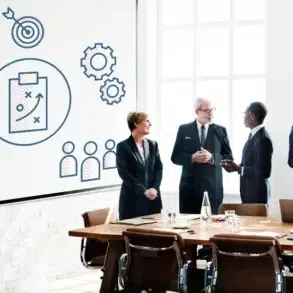 A group of professionals in suits engages in discussion in a modern conference room with a large presentation screen.