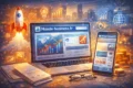 Futuristic digital workspace with a laptop and smartphone displaying business graphs. A rocket, coins, and glowing charts suggest growth and innovation.