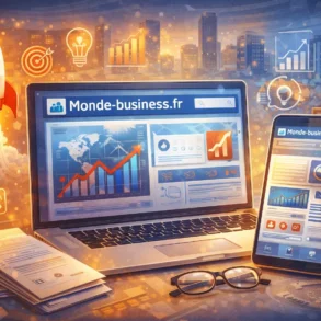 Futuristic digital workspace with a laptop and smartphone displaying business graphs. A rocket, coins, and glowing charts suggest growth and innovation.