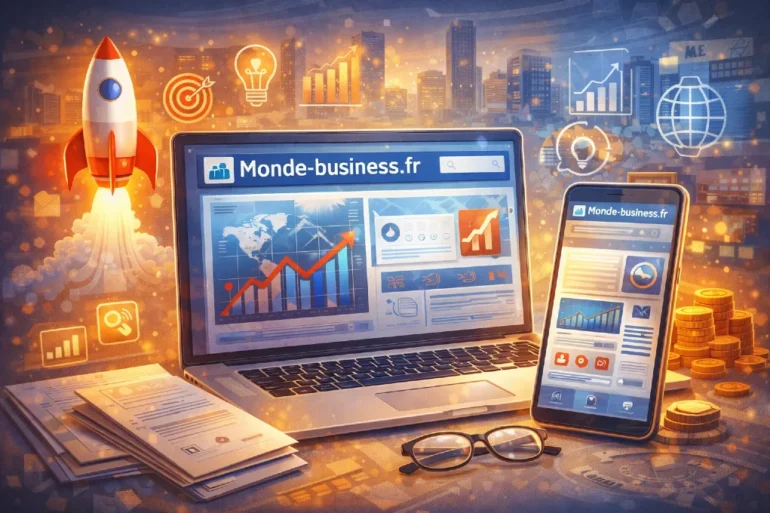 Futuristic digital workspace with a laptop and smartphone displaying business graphs. A rocket, coins, and glowing charts suggest growth and innovation.