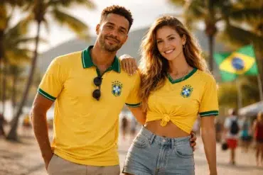 Camisa Brasil Retro styled with jeans and sneakers for men and women